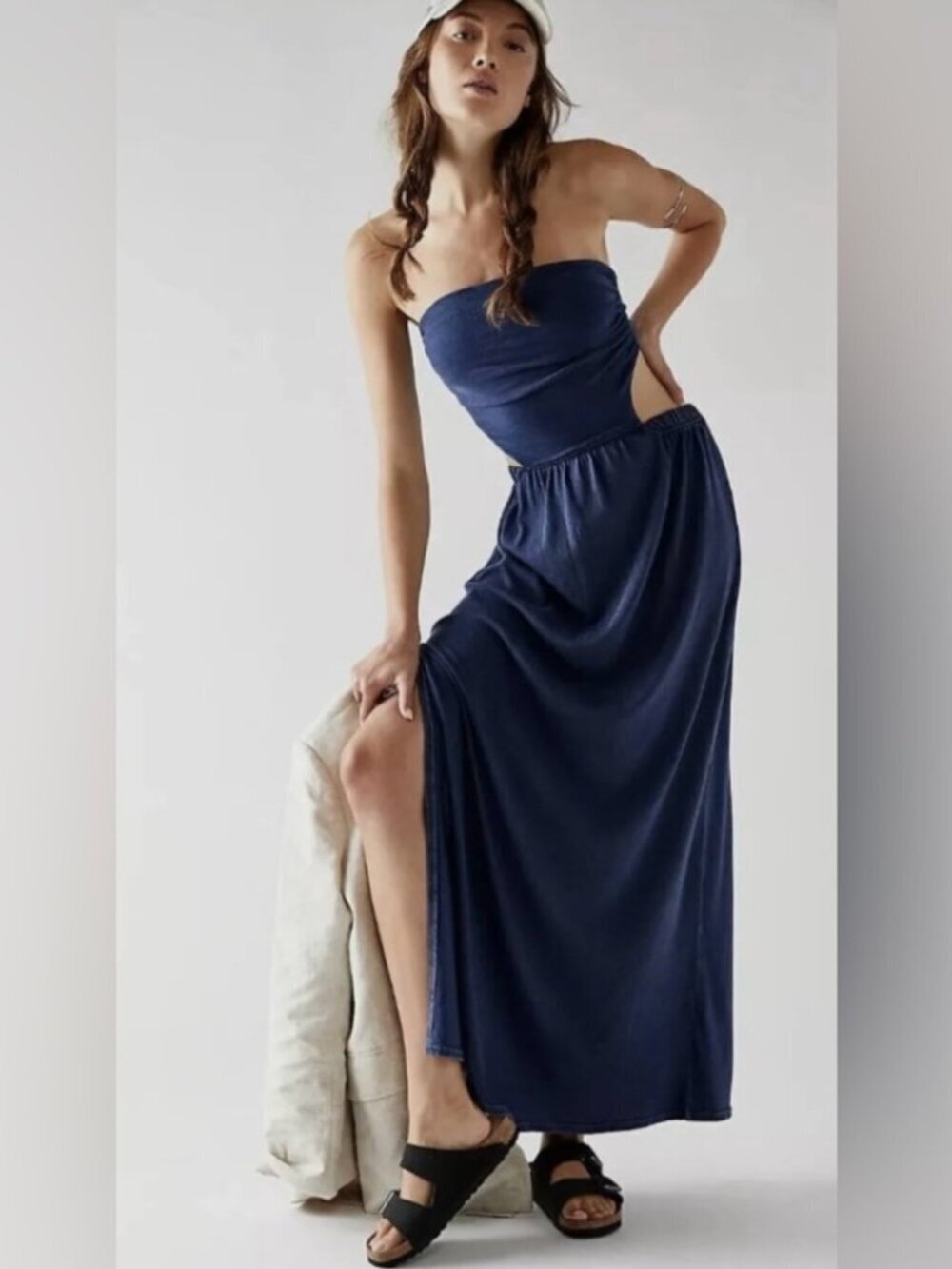 Free People Trangelica Strapless Maxi Dress in Navy Blue Open Back Size Small